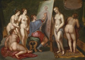 Um pintor pintando um nu feminino